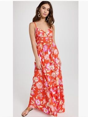 Free People Wisteria Maxi Dress Floral Cutout Pop Combo Orange Pink Size S